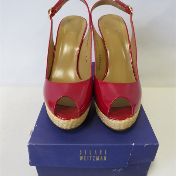 Stuart Weitzman SPRINGFLING  Red PATENT LEATHER Slingback PUMPS Size 8.5 NEW - Picture 4 of 12